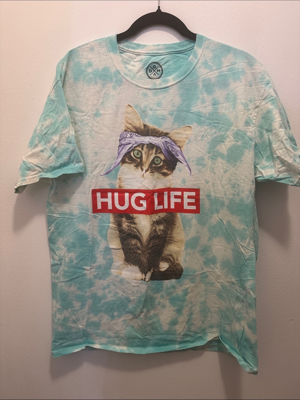 DOM "Hug Life" Cat Graphic Tie-Dye T-Shirt in Teal